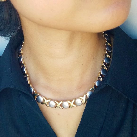 2-Tone "XOXO" 925 Sterling Silver Collar Necklace - Picture 2 of 7